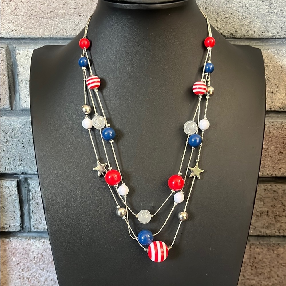 Patriotic 3 strand silvertone  beaded necklace
